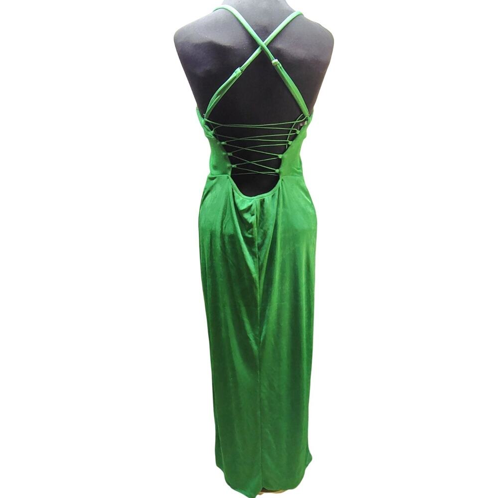 Wild Fable Y2K Vtg Emerald Satin Lace Up Back Midi Dress Side Slit Women's Large - Picture 2 of 15